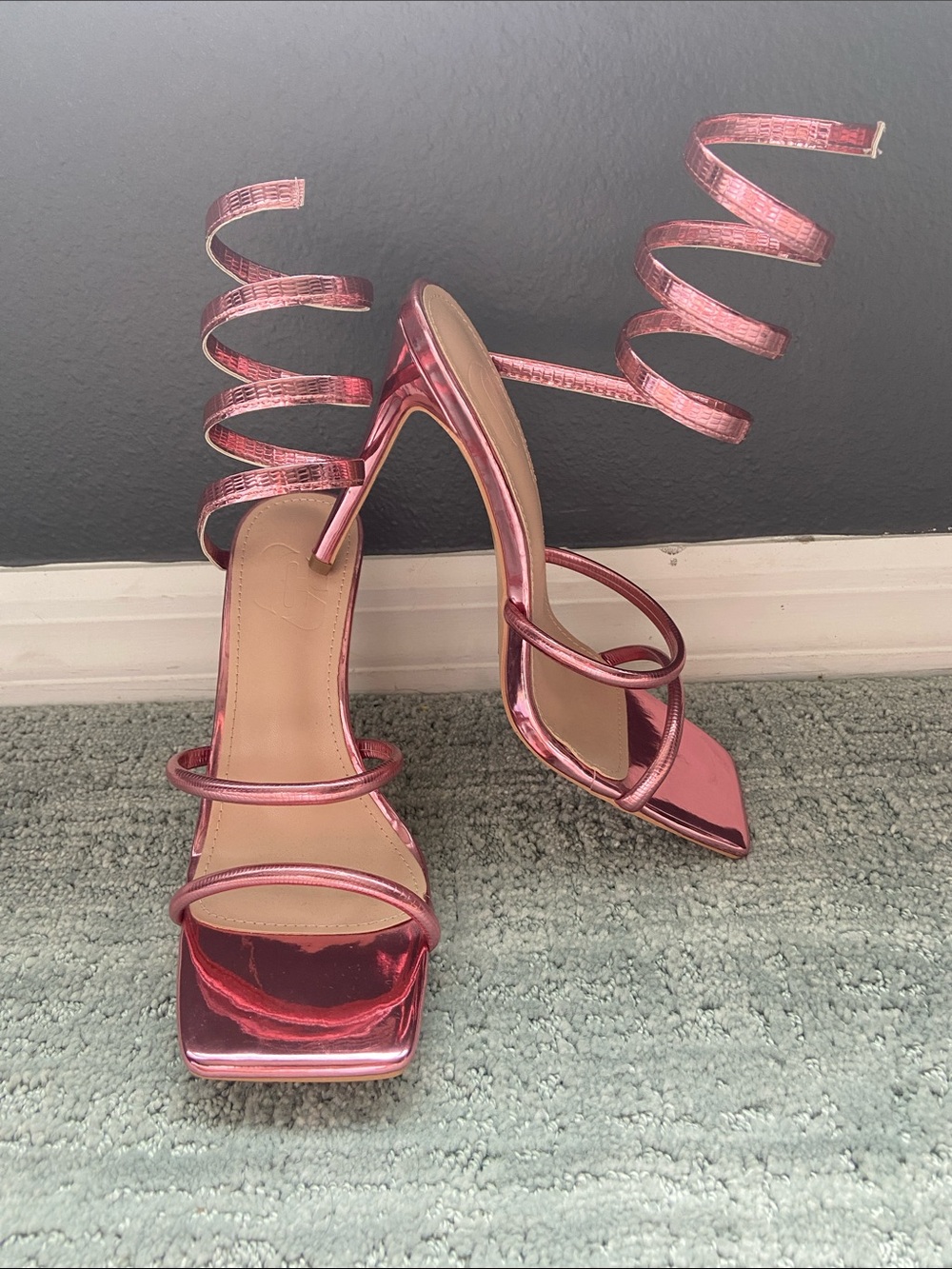 Spiral Lace-Up Metallic Pink High-Heel Sandals NEVER WORN